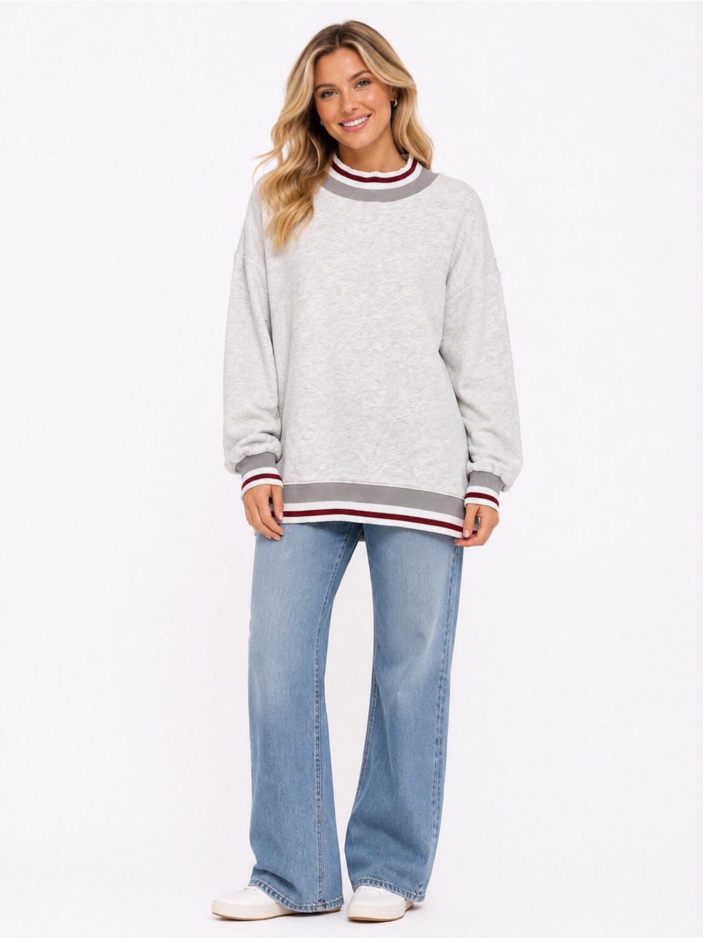 Bucket List Size Large Relaxed Crewneck Sweater in Light Gray with Stripe Trim
